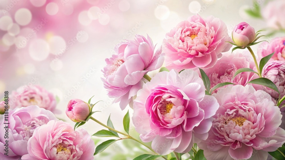 A cluster of delicate pink peonies in full bloom against a soft white background, floral patterns, spring blossoms
