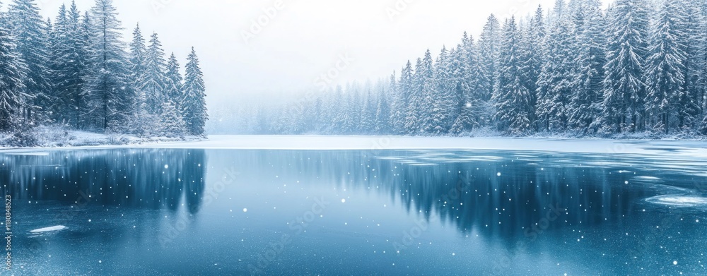 Fototapeta premium Winter Wonderland: Serene Frozen Lake Reflected in a Snow-Covered Forest
