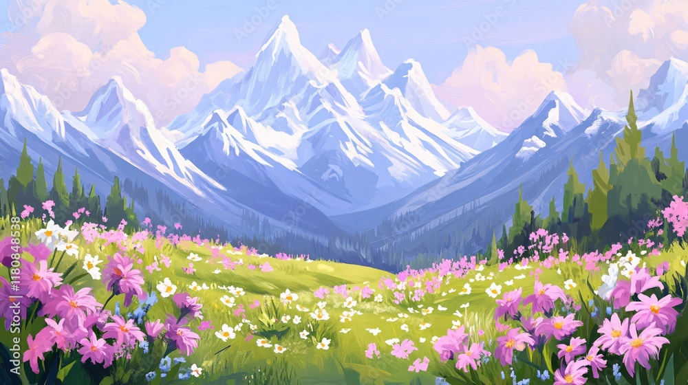 Fototapeta premium Vibrant Spring Landscape with Snow-Capped Mountains and Colorful Wildflowers