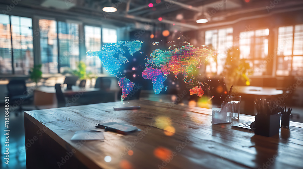 vibrant, multi exposure world map floats above modern office desk, symbolizing global connectivity and innovation. colorful map contrasts with sleek, industrial office setting vibrant, multi exposure world map floats above modern office desk, symbolizing global connectivity and innovation. colorful map contrasts with sleek, industrial office setting