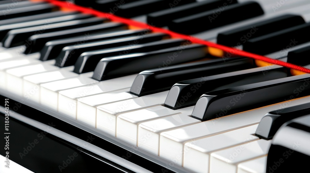 Close-up of Piano Keys with Red String Detail Close-up of Piano Keys with Red String Detail