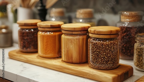 Warm and Cozy Kitchen Decor Ideas Rustic Wooden Spice Jars, Soft Lighting, and Inviting Atmosphere Discover the charm of a homey kitchen with natural wood textures, amber-toned lighting, and aromatic