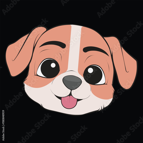 Head Dog Character Illustration, Coloring Book Page with Dog, Isolated Head Dog with Black Background.