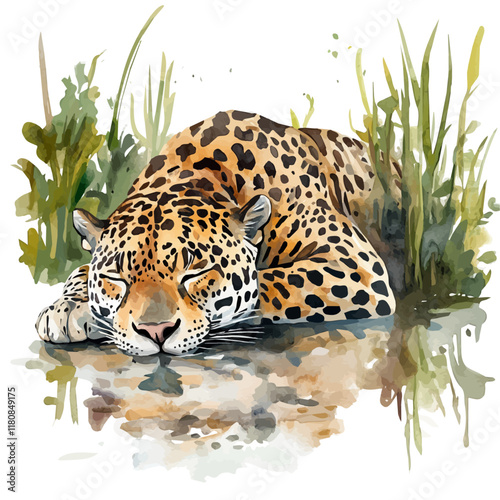 A watercolor of a jaguar resting by a river, isolated on a white background. Jaguar resting vector.
