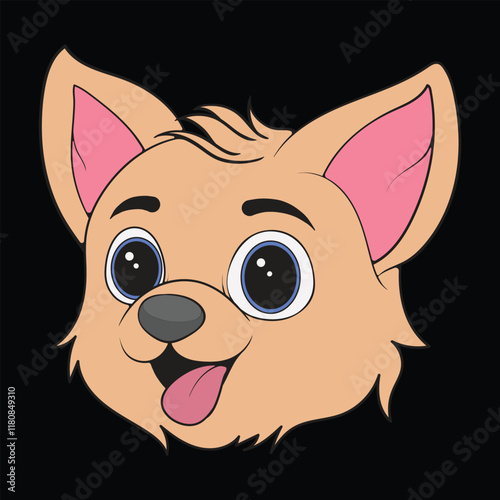 Head Dog Character Illustration, Coloring Book Page with Dog, Isolated Head Dog with Black Background.