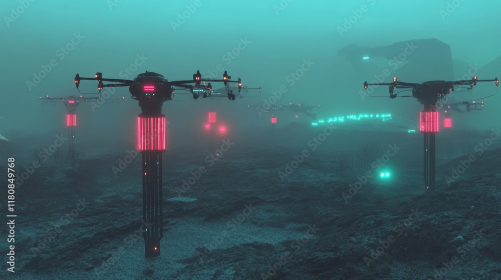 Obraz premium High-tech quarantine zone with glowing containment fields and autonomous sterilization drones