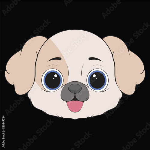Head Dog Character Illustration, Coloring Book Page with Dog, Isolated Head Dog with Black Background.