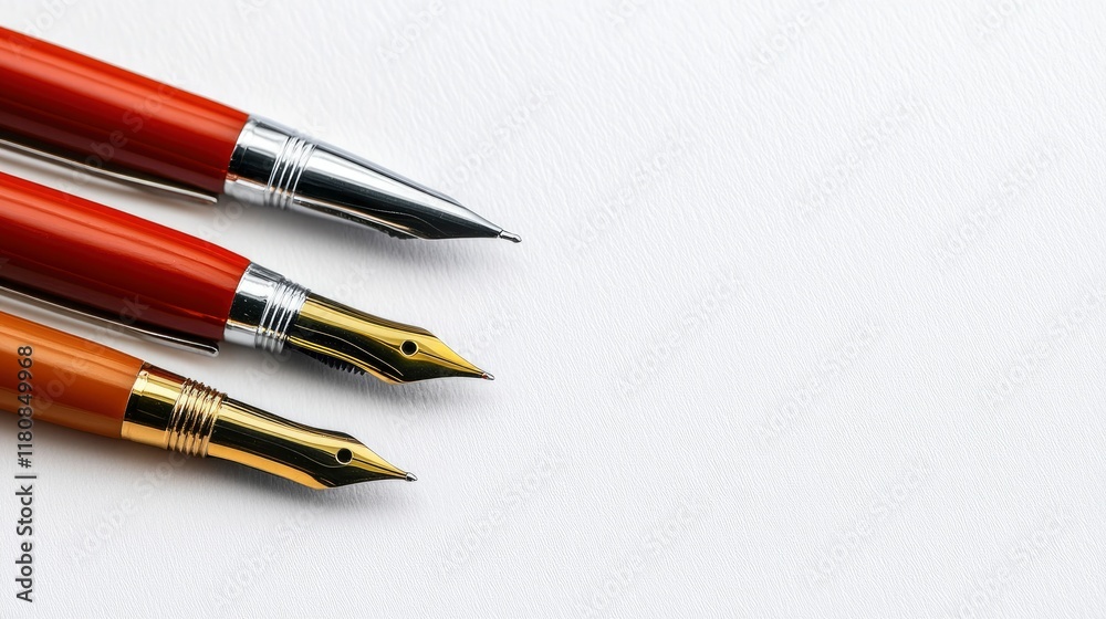 Three Elegant Fountain Pens on White Background Three Elegant Fountain Pens on White Background