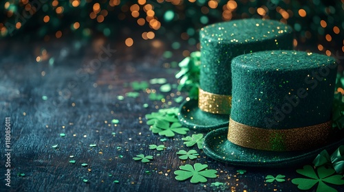 St Patricks Day party props including shamrock hats, green confetti, and festive streamers on a wooden table photo