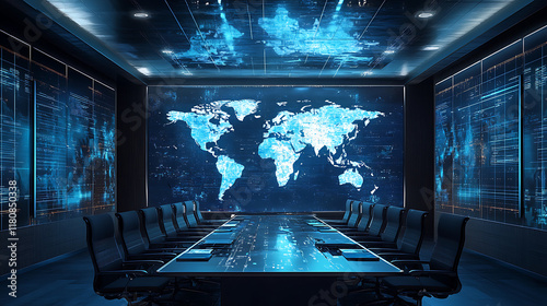 futuristic conference room features digital world map on large screen, surrounded by high tech displays and sleek furniture, creating innovative and dynamic atmosphere