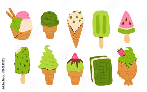 vector illustration of matcha ice cream. Set of ice cream on stick and waffle cone. Taiyaki with matcha flavored ice cream and strawberry. For menu design, food blogs, prints and postcards.