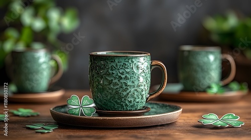 A set of St Patricks Day party props such as green mugs, leprechaun figurines, and lucky four-leaf clovers on a celebration table photo