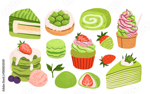 Vector set with japanese matcha desserts. Collection with mochi, matcha mille crepe cake and matcha roll cake, pancakes, macaron, soft serve ice cream, matcha tart and cupcake with strawberry.