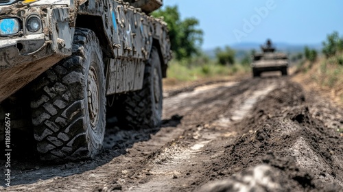 Military Vehicles Driving on a Muddy Road photo