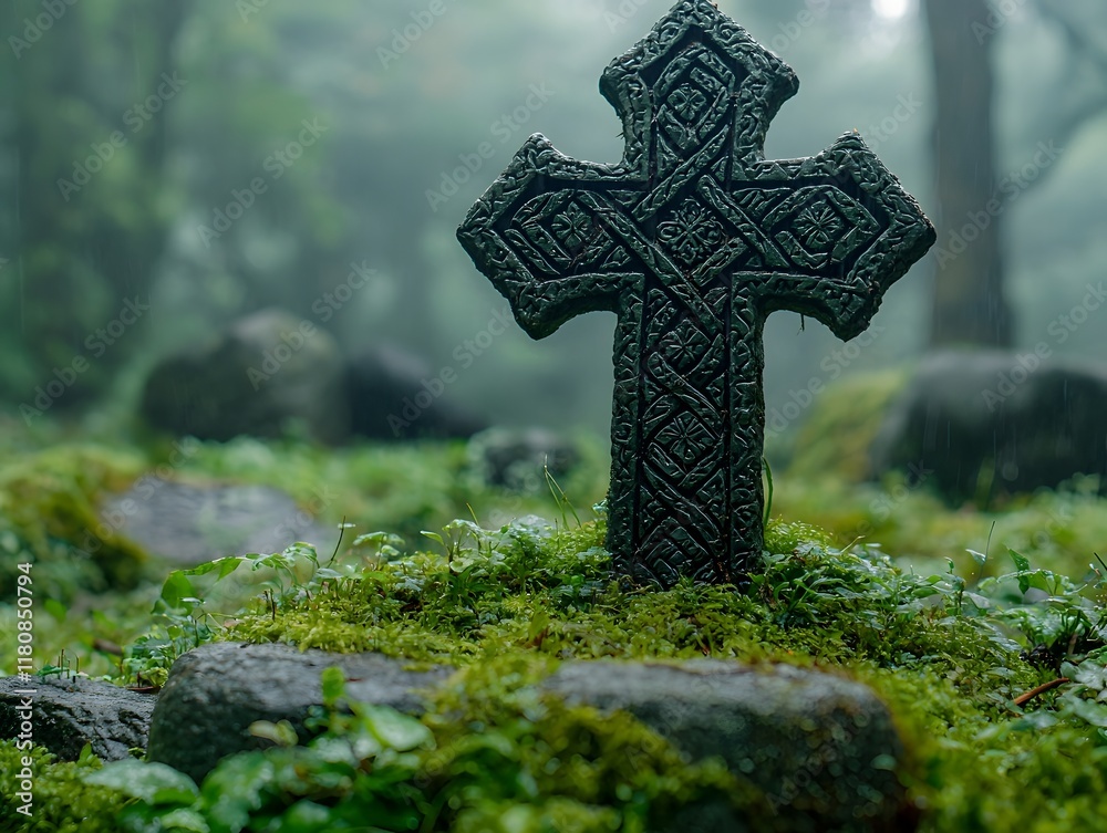 Intricately Carved Celtic Cross Surrounded by Moss and Stones in Misty Forest Intricately Carved Celtic Cross Surrounded by Moss and Stones in Misty Forest
