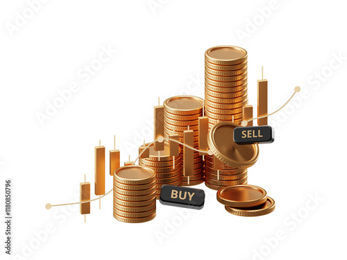 PNG Gold investment stock market diagram 3d concept isolated on transparent background. photo