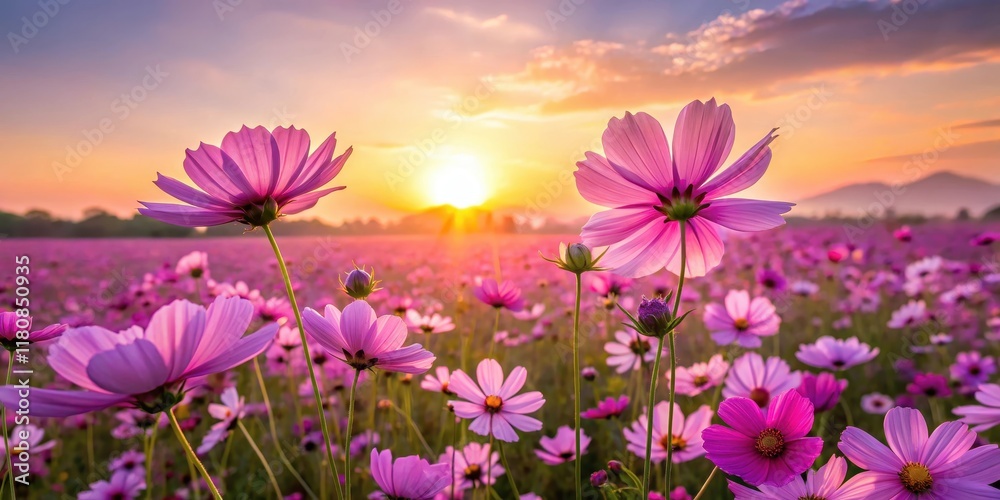 Beautiful Cosmos Flower Field at Dawn , purple flowers, landscape, purple flowers Beautiful Cosmos Flower Field at Dawn , purple flowers, landscape, purple flowers