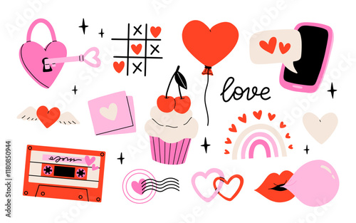Valentine's Day set with heart and other elements on a white background. Valentine's day, wedding and love concept. Vector illustrations