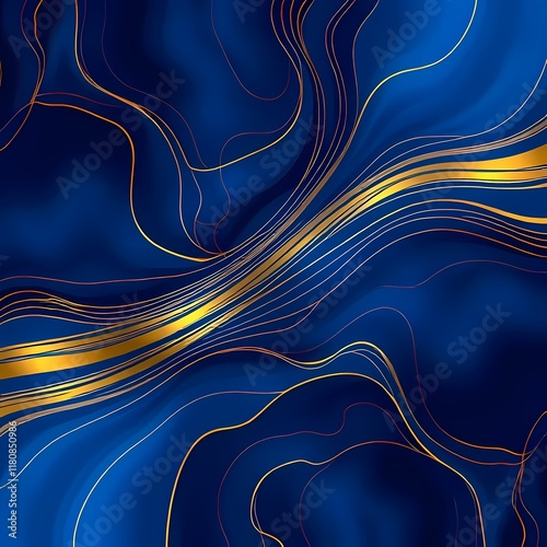 Blue abstract background with gold waves 