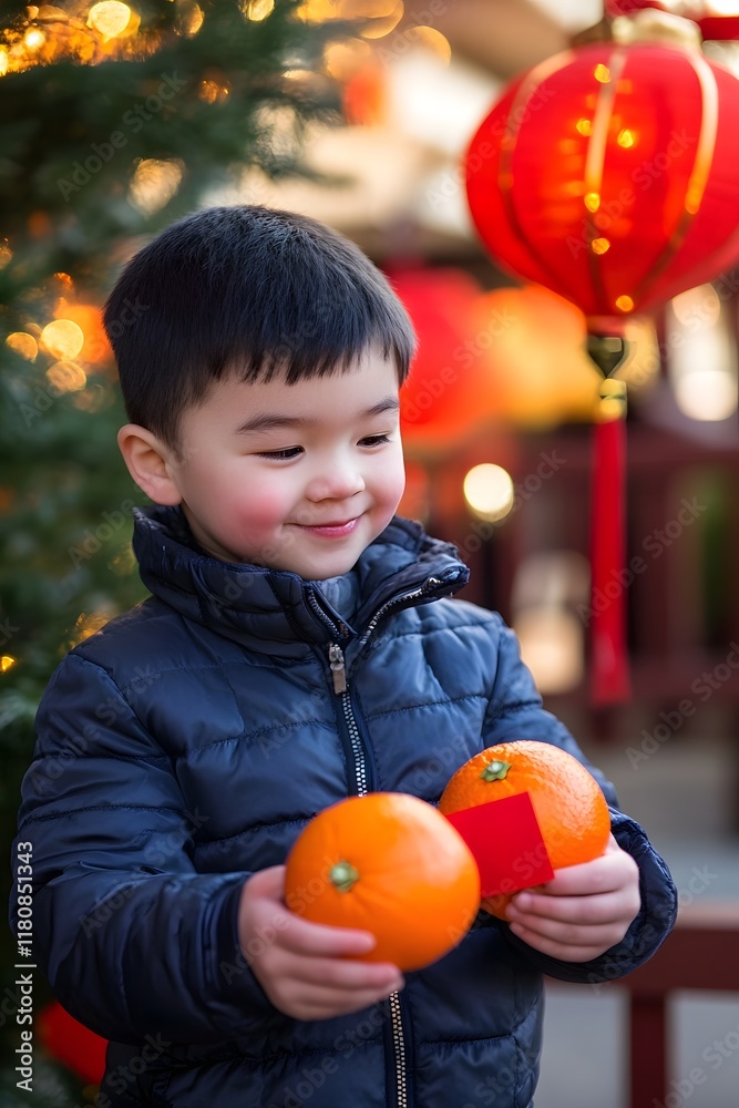 Fototapeta premium Cheerful Boy Participating in New Year Scavenger Hunt with Festive