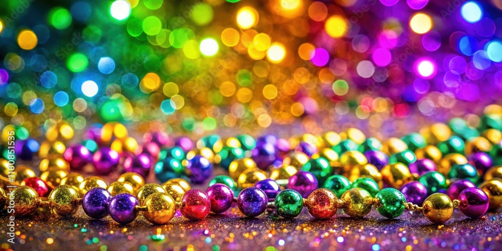 Naklejka premium Vibrant Mardi Gras beads scattered on a colorful background with glittering sequins and shiny metallic threads, confetti, holiday decor