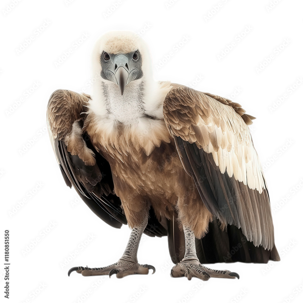 detailed and striking portrait of a vulture. showcasing its unique features. including a prominent beak and distinctive plumage the bird stands confidently against a plain white background. highlighti detailed and striking portrait of a vulture. showcasing its unique features. including a prominent beak and distinctive plumage the bird stands confidently against a plain white background. highlighti