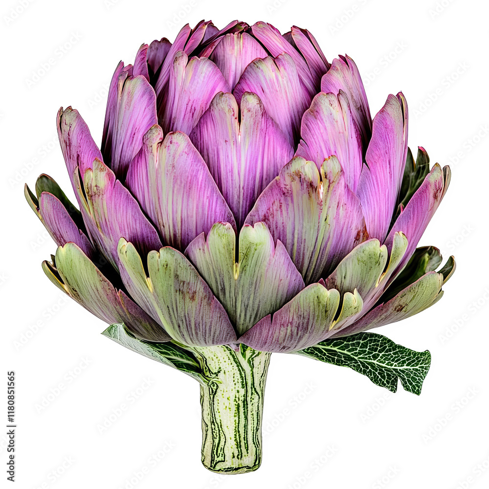 Fototapeta premium Vibrant artichoke with purple and green hues, isolated on a white background.