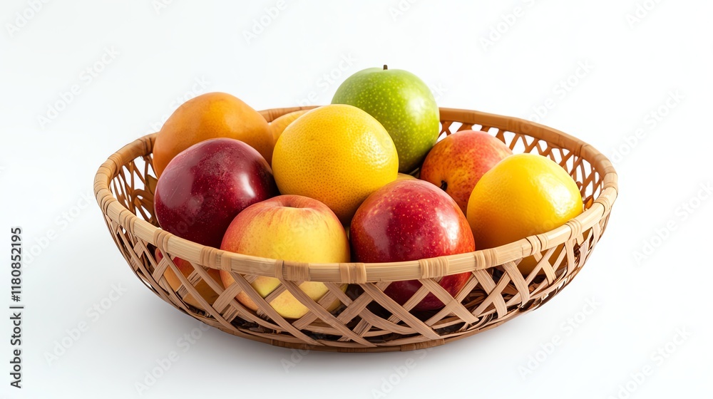 Variety of colorful apples in a woven basket, white isolated background. Variety of colorful apples in a woven basket, white isolated background.