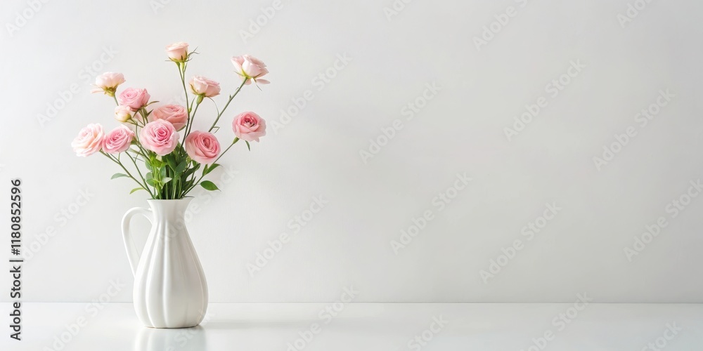 Soft pink flower arrangement in a minimalist vase on a white background, serene surroundings, clean lines