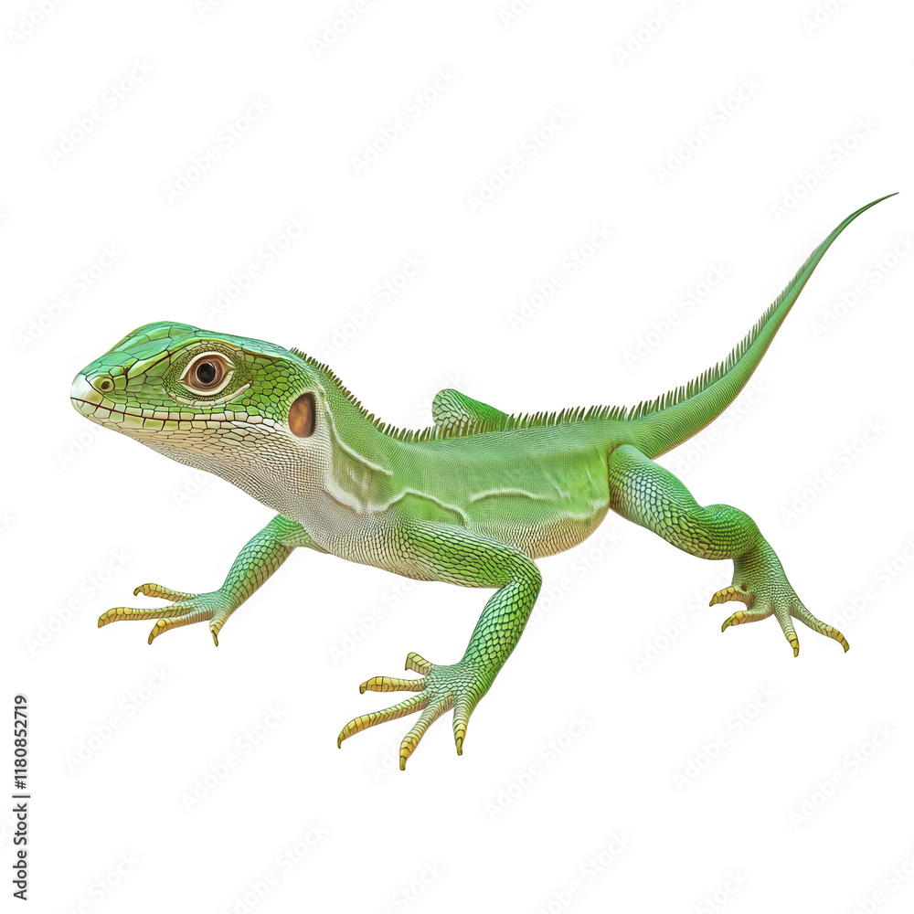 Obraz premium vibrant green lizard with a sleek body and distinct markings. poised on all fours against a plain background its vivid color and detailed texture highlight the beauty of reptiles. making it suitable f