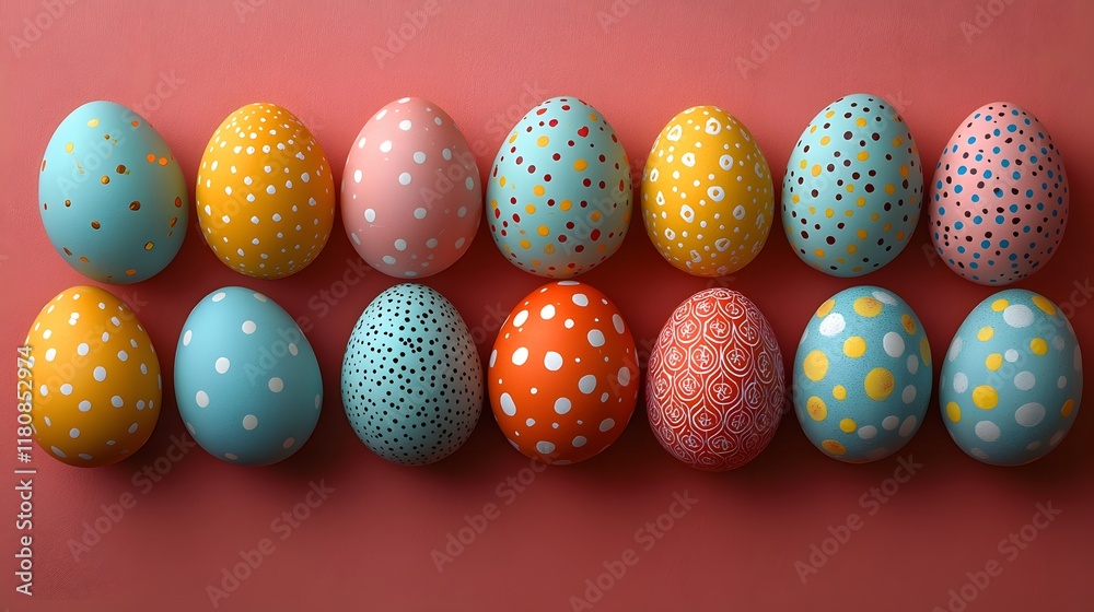 A creative display of Easter eggs with bold, artistic designs and patterns on a bright, festive background A creative display of Easter eggs with bold, artistic designs and patterns on a bright, festive background