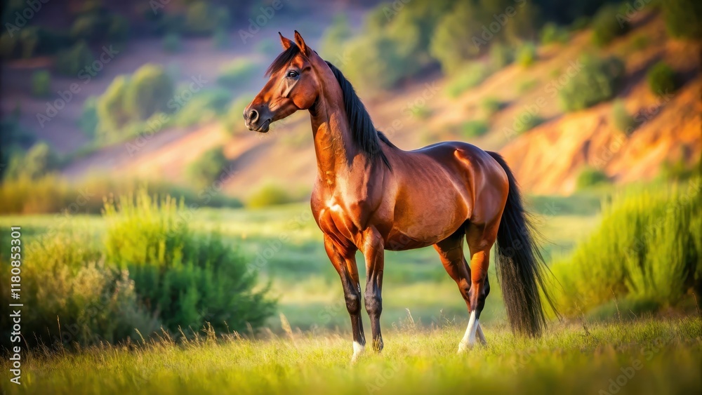 Fototapeta premium A majestic Arabian bay horse standing in a lush green meadow with the Eye of the Arabian Bay horse visible on its forehead