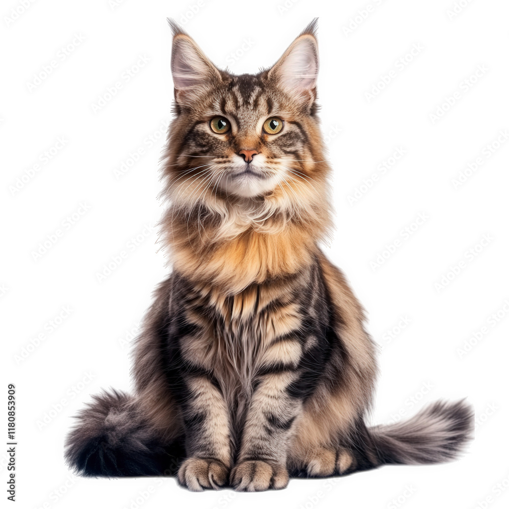 Fototapeta premium a majestic maine coon cat sits elegantly against a white background. showcasing its long fur. tufted ears. and striking green eyes. embodying the beauty and charm of this popular feline breed