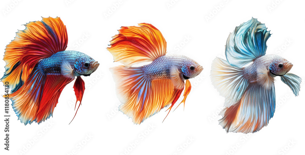 Fototapeta premium three vibrant betta fish. each displaying stunning colors and flowing fins. set against a white background the fish are arranged in a line. showcasing their unique patterns and hues. emphasizing their