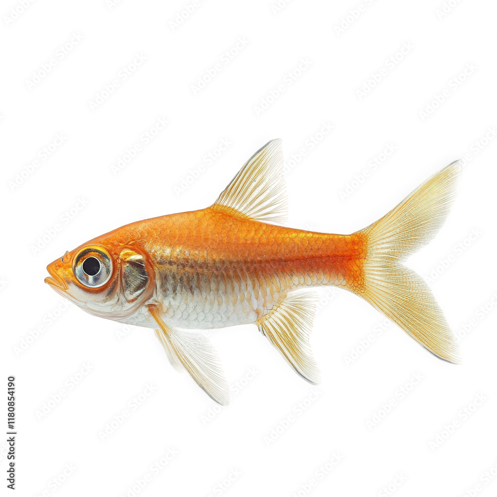 Obraz premium single goldfish swimming gracefully against a plain white background. showcasing its vibrant orange and white colors. delicate fins. and large eyes this depiction highlights the beauty of aquatic life