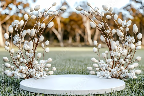 Elegant Floral Display on Curved Stand in Serene Outdoor Setting