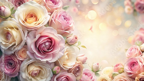 Beautifully arranged roses in a floral wall background with soft pastel colors and delicate petals, blooms, flowers,  blooms