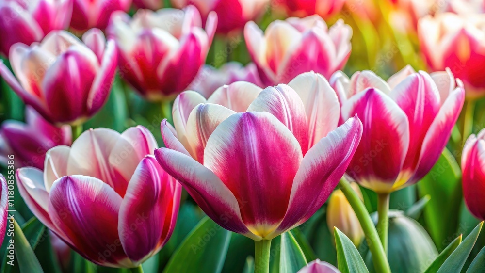 Fototapeta premium Top View Blooming Bicolor Tulips, White Pink Flowers, Spring Flowers, Floral Photography, Garden Flowers, Close Up Tulips