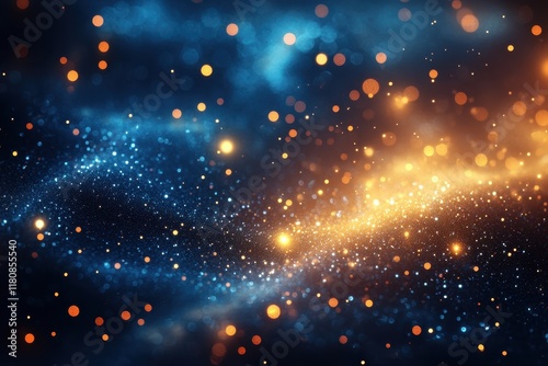 Vibrant cosmic swirl with glowing particles illuminating a dark space background in bluish and golden hues