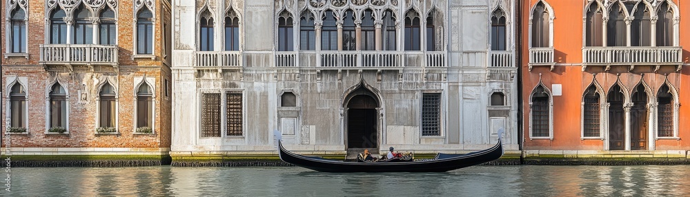 A gondola glides through a serene Venetian canal, flanked by ornate historic buildings. A gondola glides through a serene Venetian canal, flanked by ornate historic buildings.