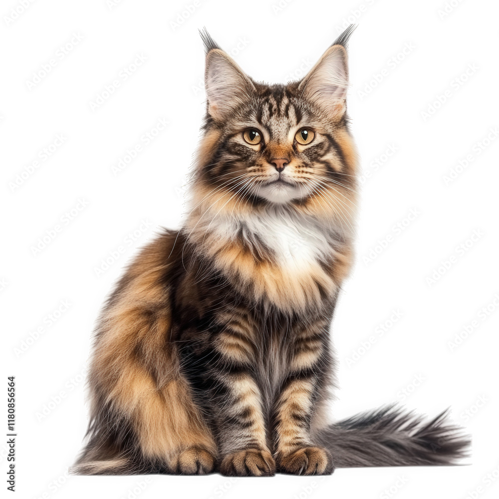 Obraz premium beautifully groomed maine coon cat with a striking coat of fur. showcasing a mix of colors and distinct features. including large ears and expressive eyes the cat is posed elegantly against a plain wh