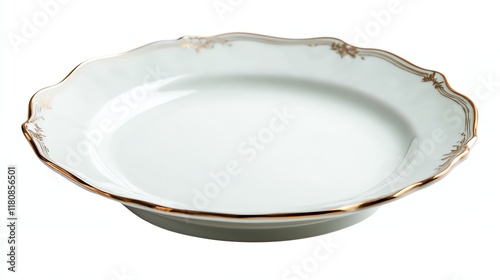 Elegant porcelain plate with a gold rim design, isolated on white background. photo