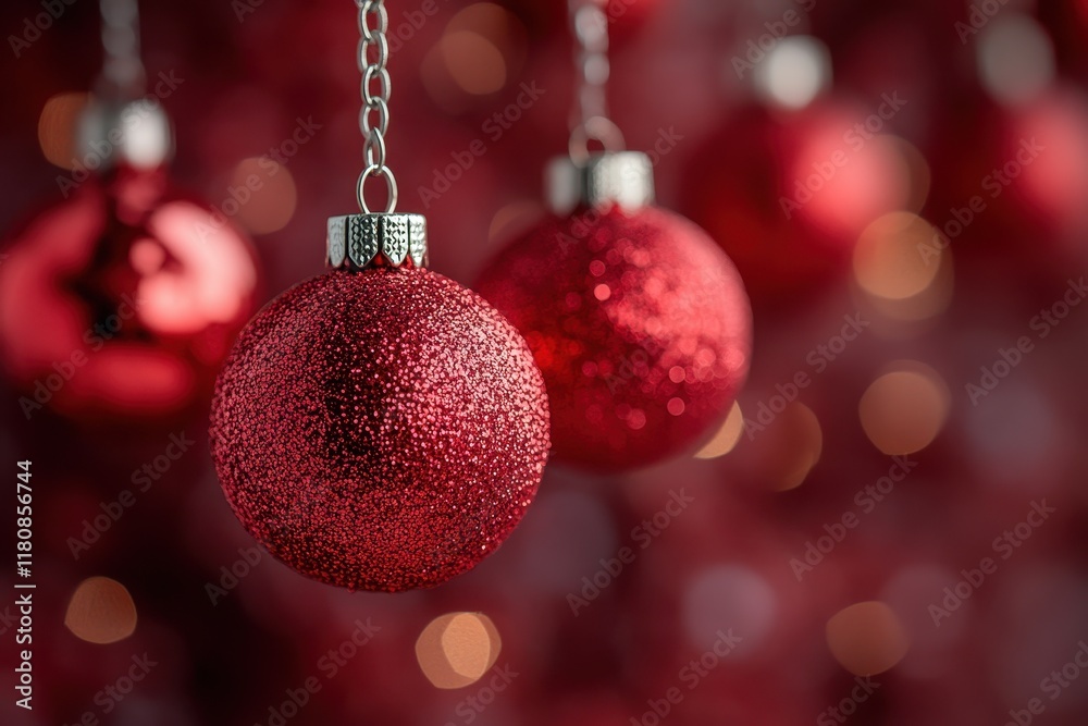 Red glittering Christmas ornaments hanging against a blurred festive background with warm lights Red glittering Christmas ornaments hanging against a blurred festive background with warm lights