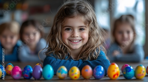 A group of children painting Easter eggs, colorful paints creating an artistic and fun atmosphere