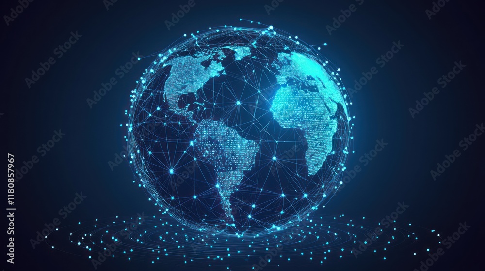 Fototapeta premium Global network connection, digital earth, glowing nodes, dark background, technology concept
