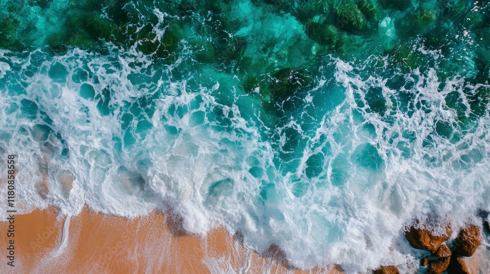Fototapeta premium Aerial View of Ocean Waves Crashing on Sandy Beach