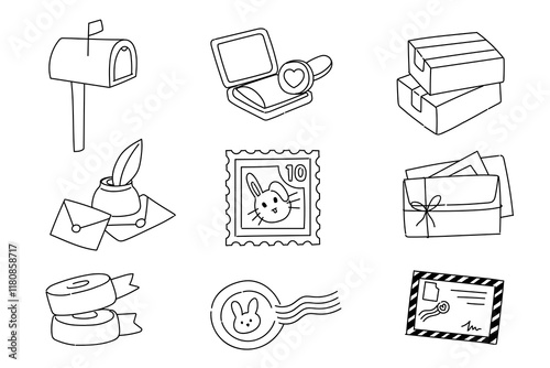 set of stamps mailbox letters icons hand drawn, doodle elements, vector illustrations. mail, postcard, tape, ink, postage, box package