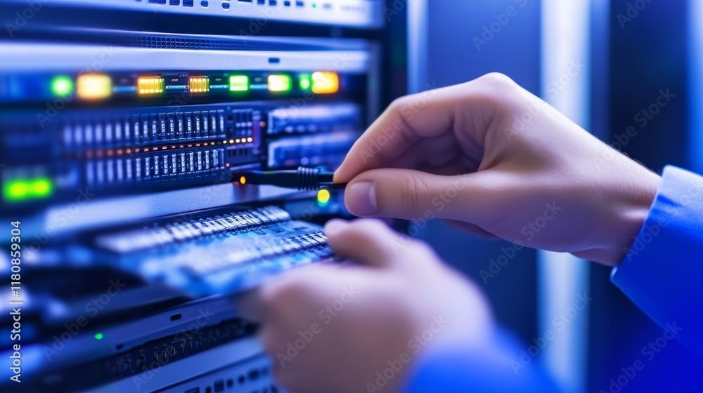 A technician connects cables in a data server rack, emphasizing technology and maintenance. A technician connects cables in a data server rack, emphasizing technology and maintenance.