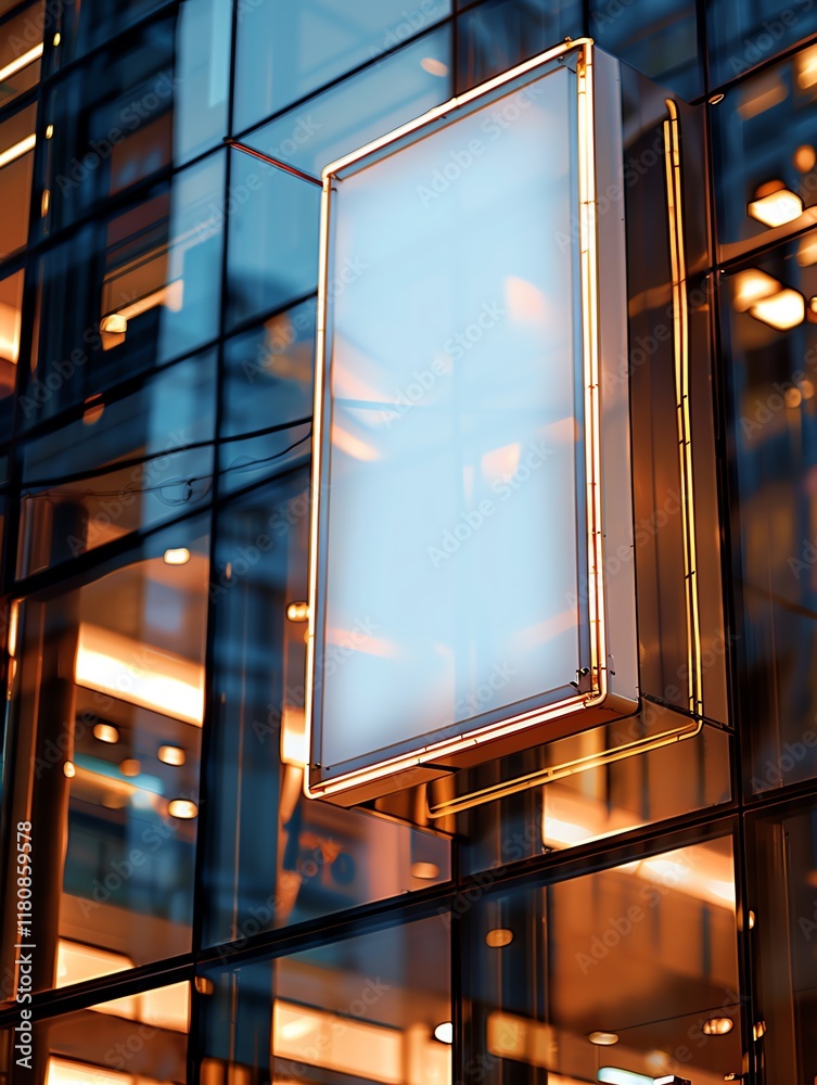 Fototapeta premium Blank billboard in the city, ideal for advertisement, displayed on modern glass building with reflections of urban lights.