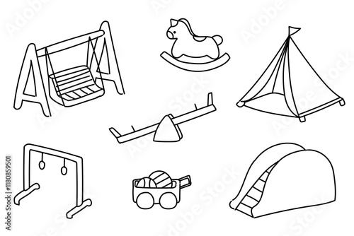 set of playground kids outdoor icons hand drawn, doodle vector illustrations. Game play, slide, seesaw, swing, children, tent, ride, squat jump, game box, amusement park